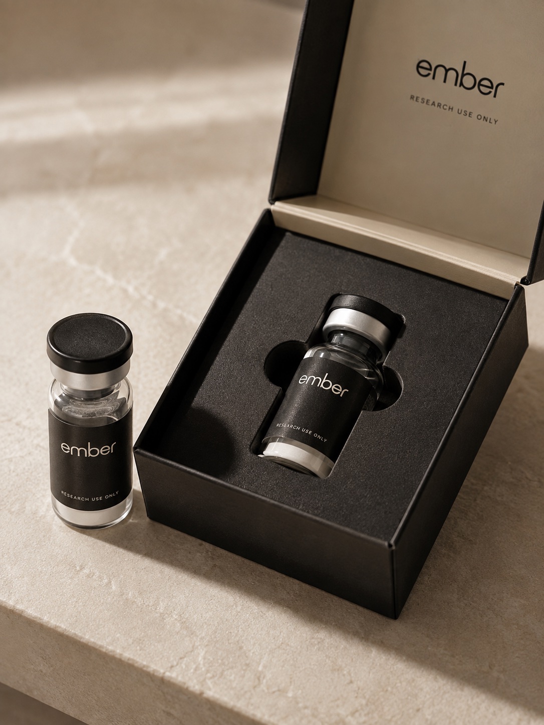 EMBER research vial presented in precision-cut fulfillment packaging