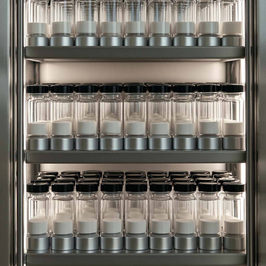 Lyophilized research vials organized in refrigerated storage