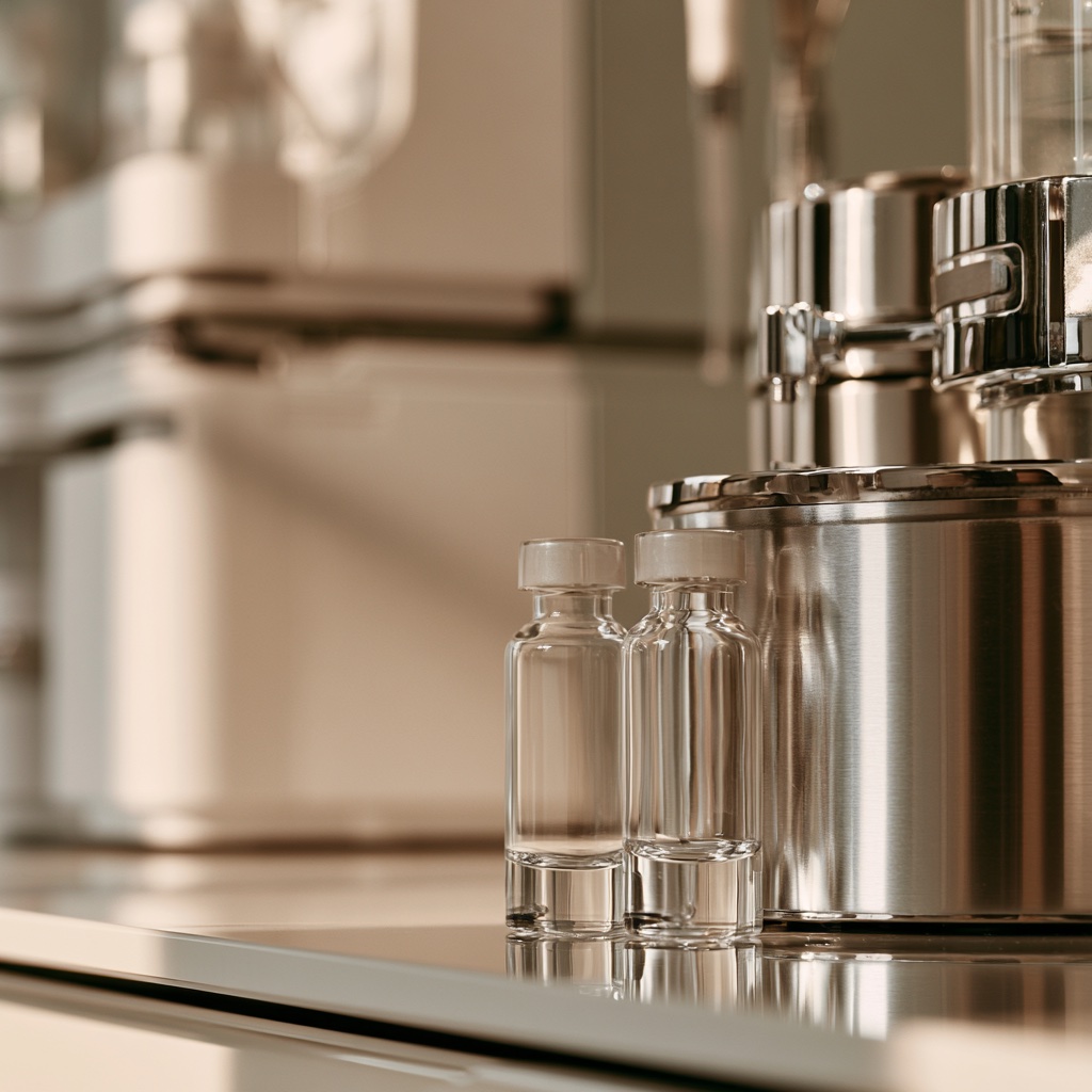 Research vials beside analytical laboratory testing equipment